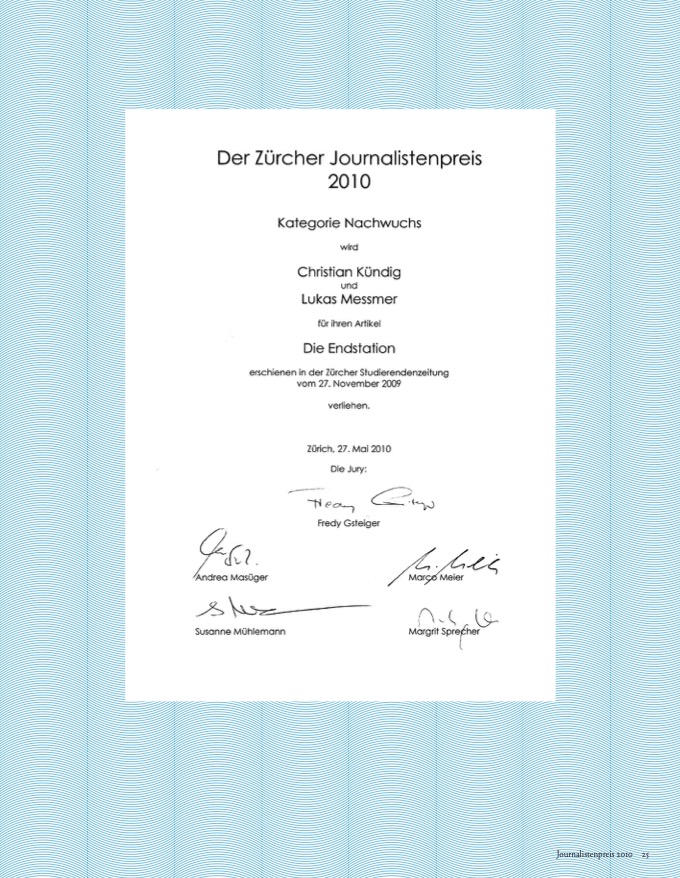 Broschüre Zürcher Journalistenpreis 2010