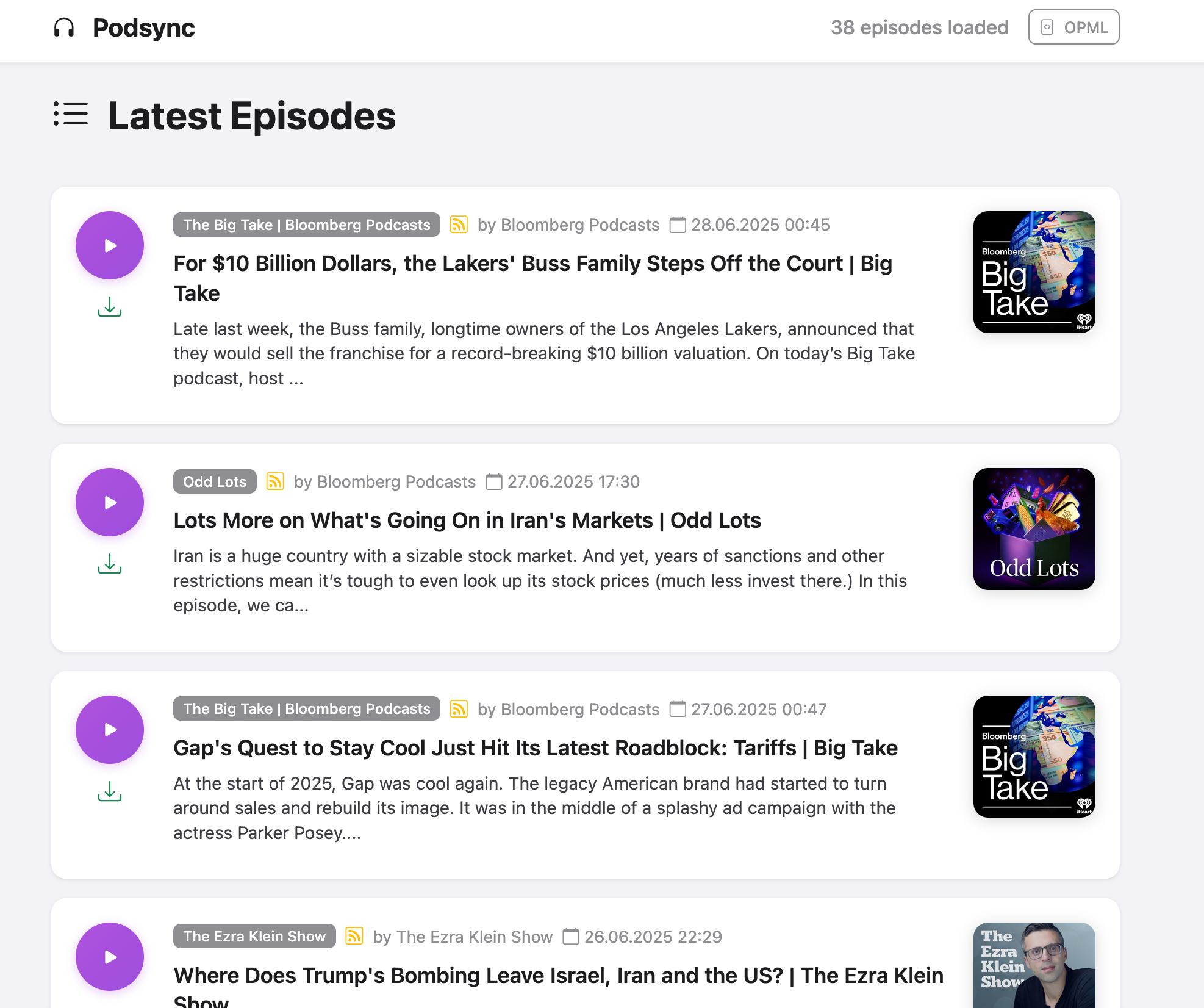 Podsync Web UI showing a list of podcast episodes sorted by date