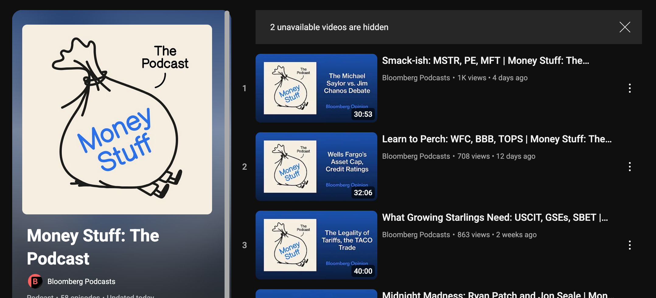 YouTube playlist page showing Money Stuff podcast with custom thumbnail