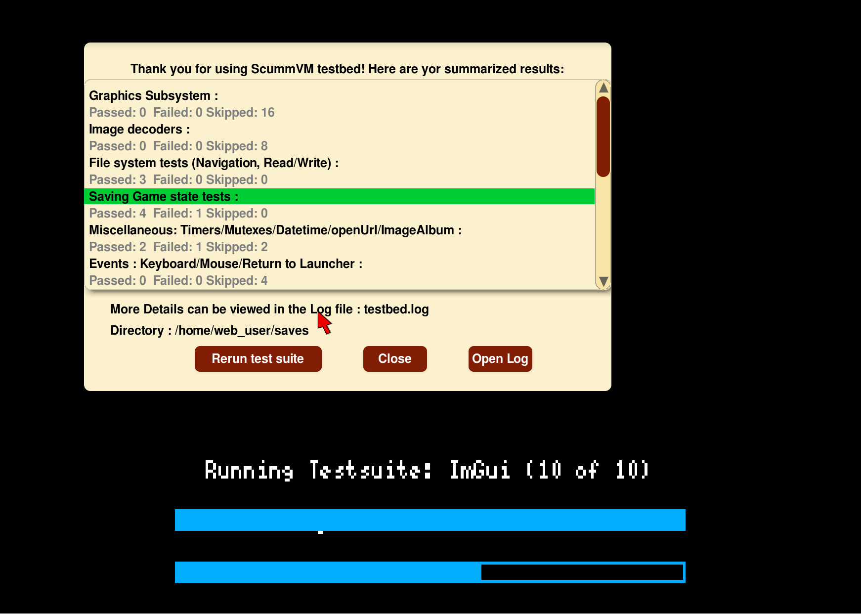 Testbed: Result screen with &ldquo;Open Log&rdquo; button