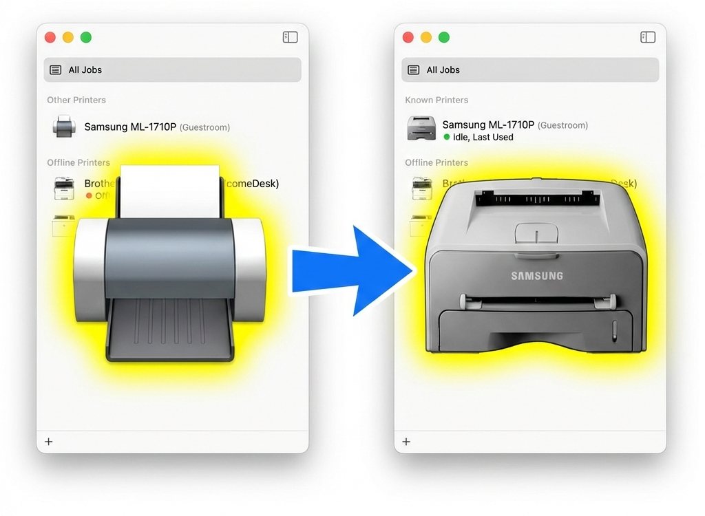 Before and after: the Print Center showing generic icon vs custom Samsung printer icon