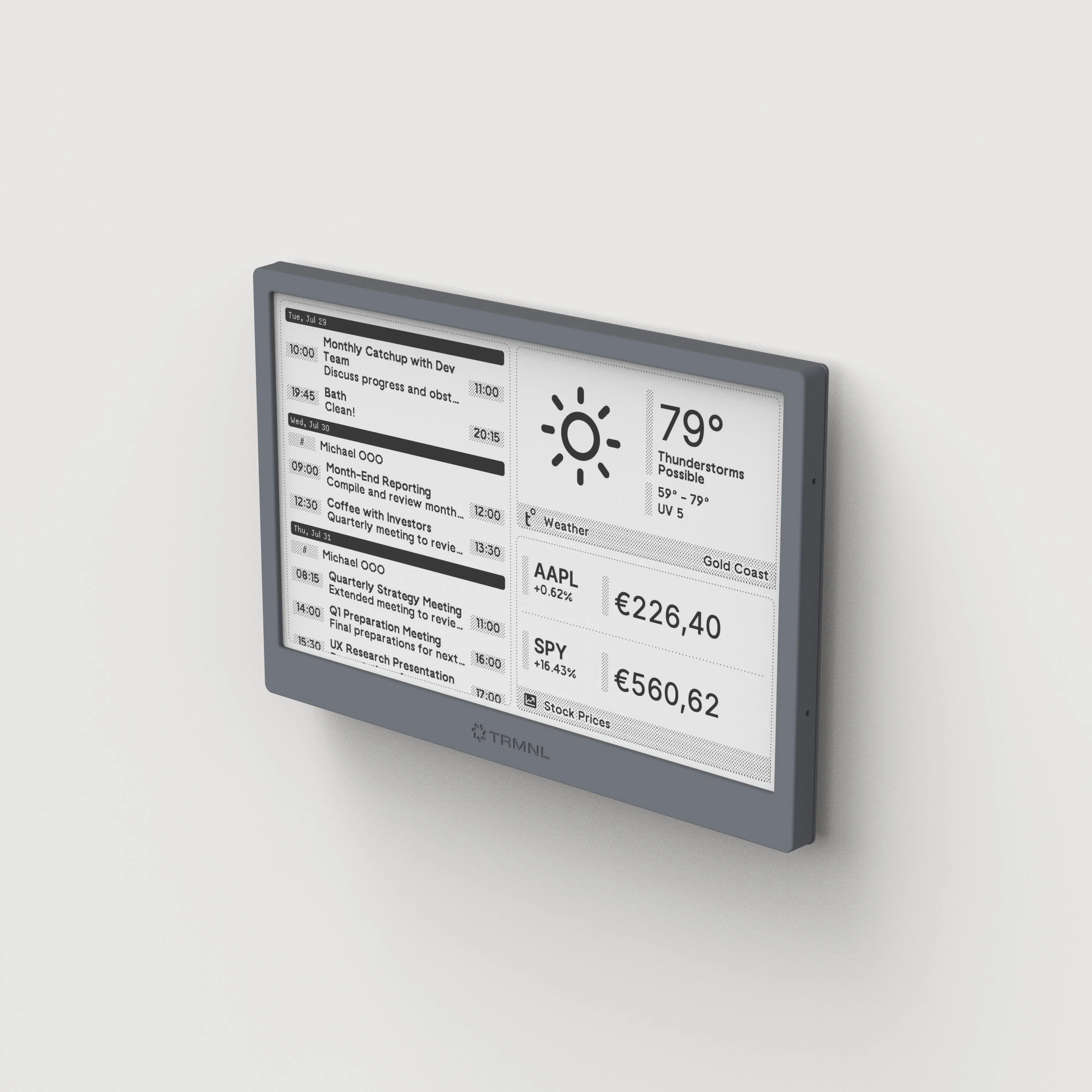 TRMNL display mounted on a wall showing calendar, weather, stock prices, and schedule information