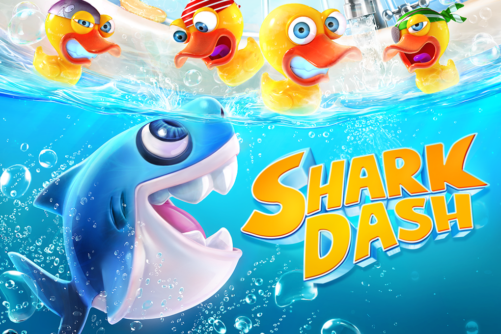Shark Dash game art showing Sharkee the shark with rubber ducks